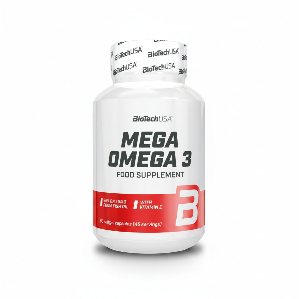 BiotechUSA Mega Omega 3 supplement bottle on a white background
